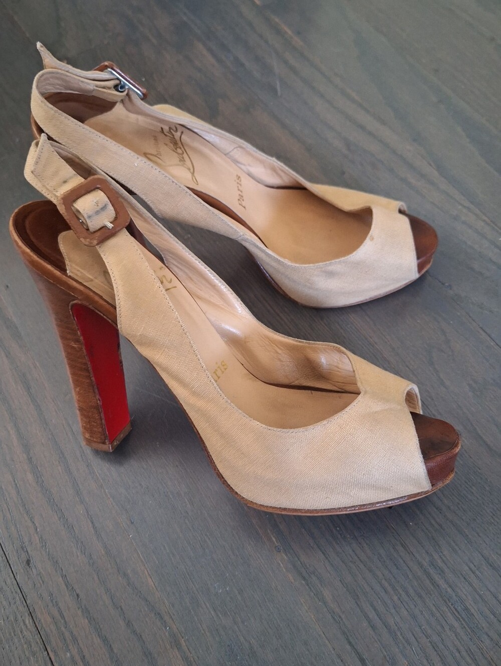 Christian Louboutin Beige Canvas Open Toe Slingback Stiletto Heels Size 38